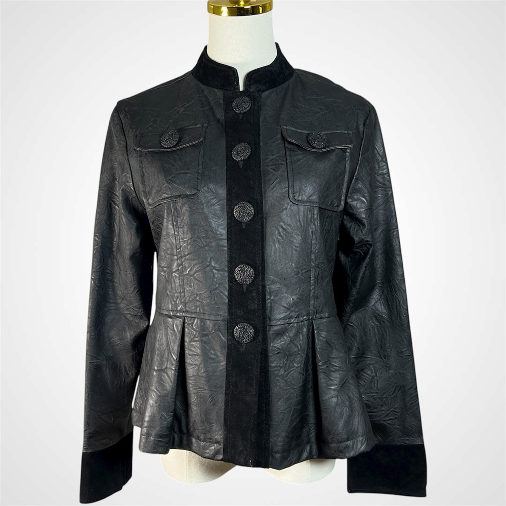 LAL Live A Little Black Faux Leather Peplum Jacket Mandarin Collar Button Up M